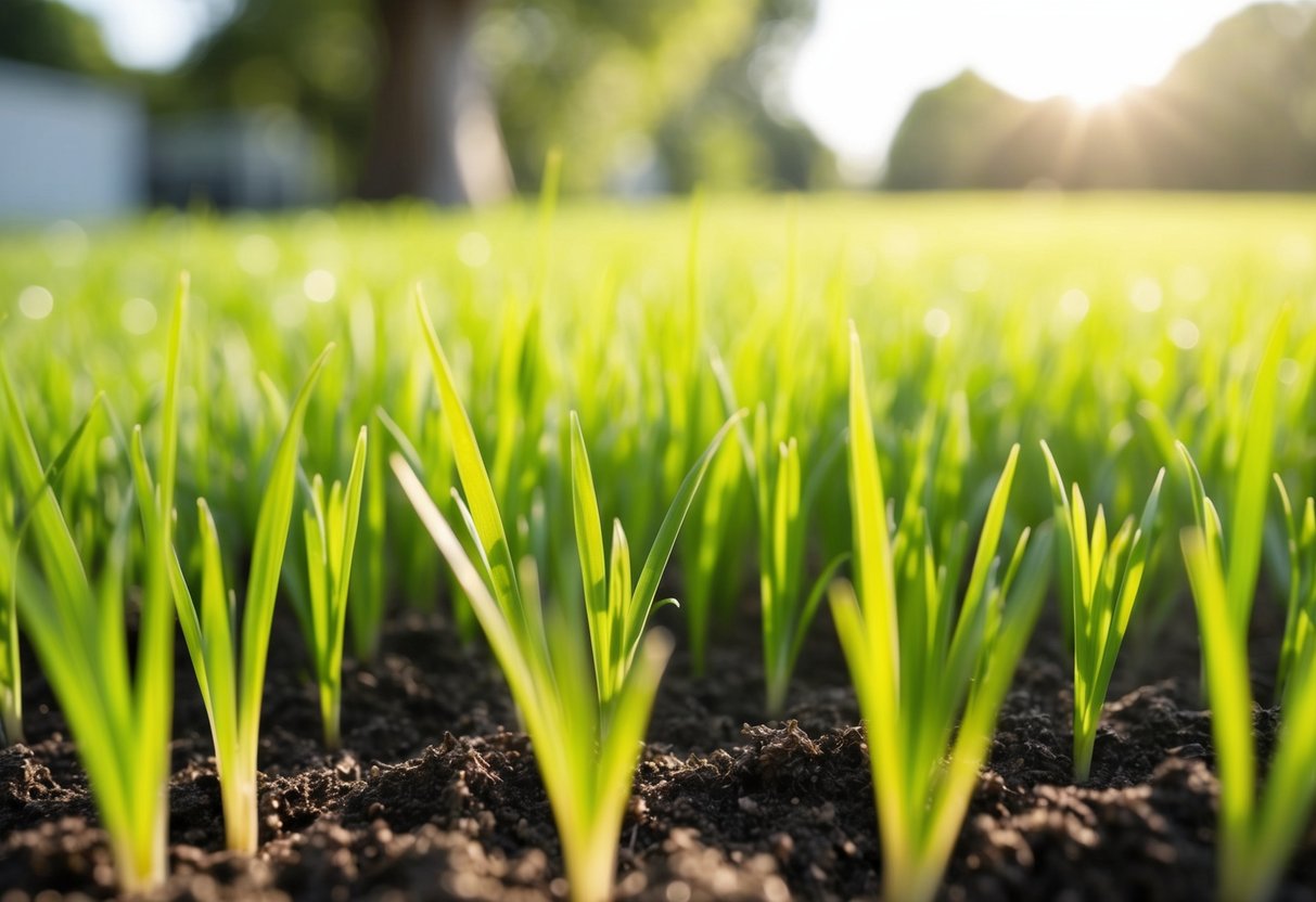 A lush, vibrant lawn of Japanese grass seeds sprouting from the fertile soil, bathed in warm sunlight with a gentle breeze swaying the delicate blades