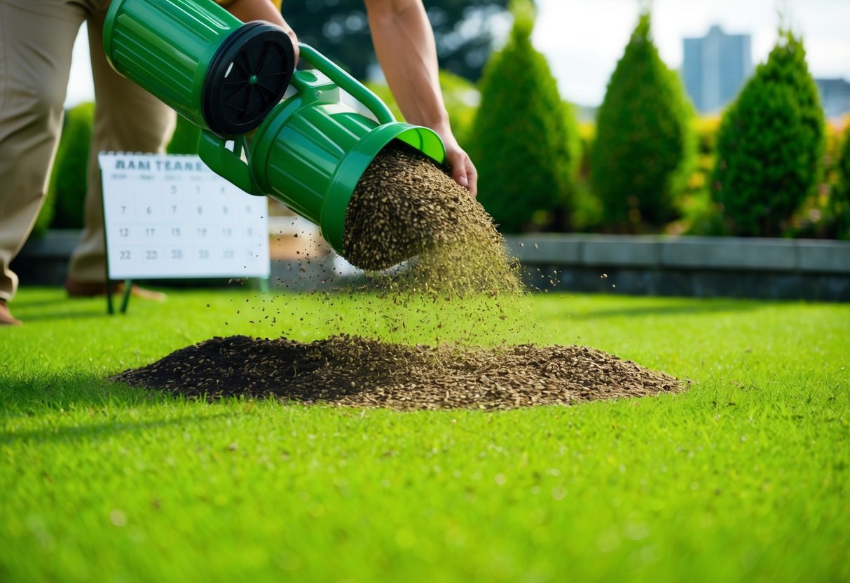 A lush green lawn with Japanese grass seeds being carefully spread across the soil. A calendar with maintenance dates is visible in the background