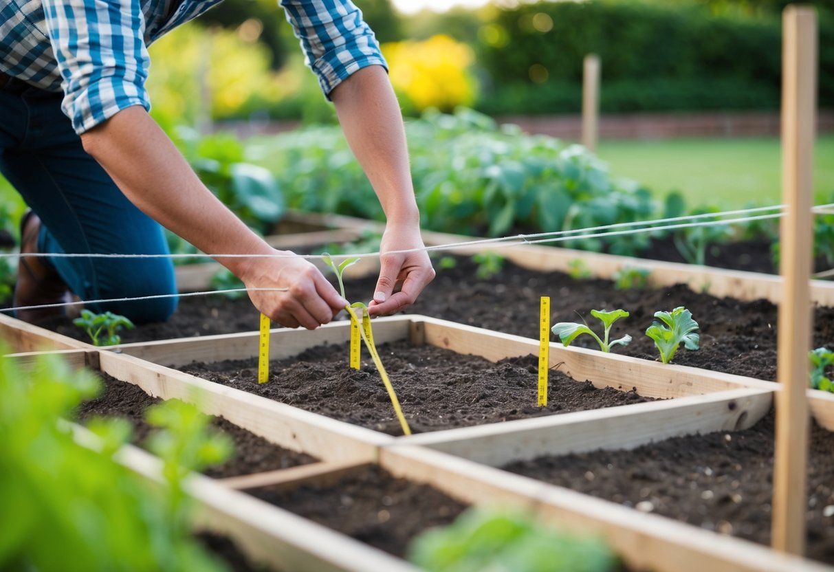 A garden planner measures and stakes out a plot with string, marking off sections for different crops. Raised beds and fencing are also considered