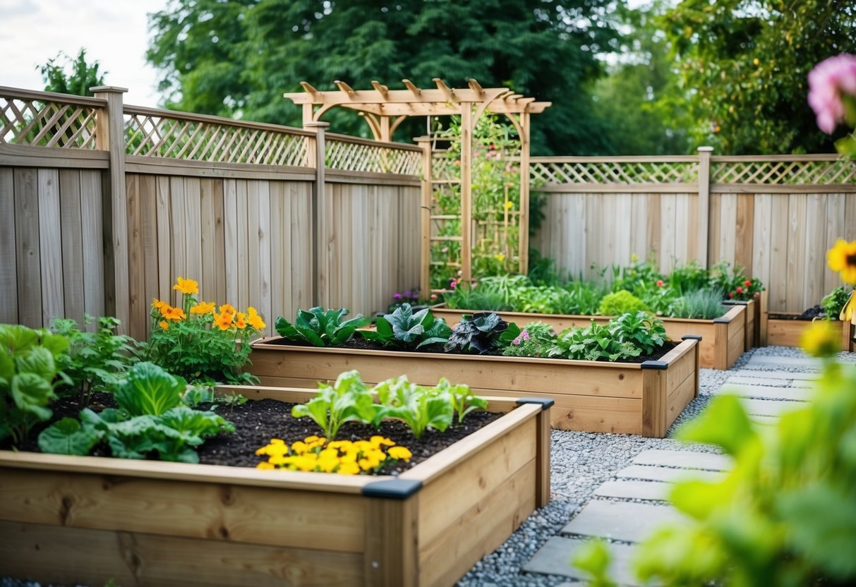 A wooden fence encloses a functional decorative garden, with raised beds and a mix of flowers and vegetables. A trellis and stone path add to the aesthetic