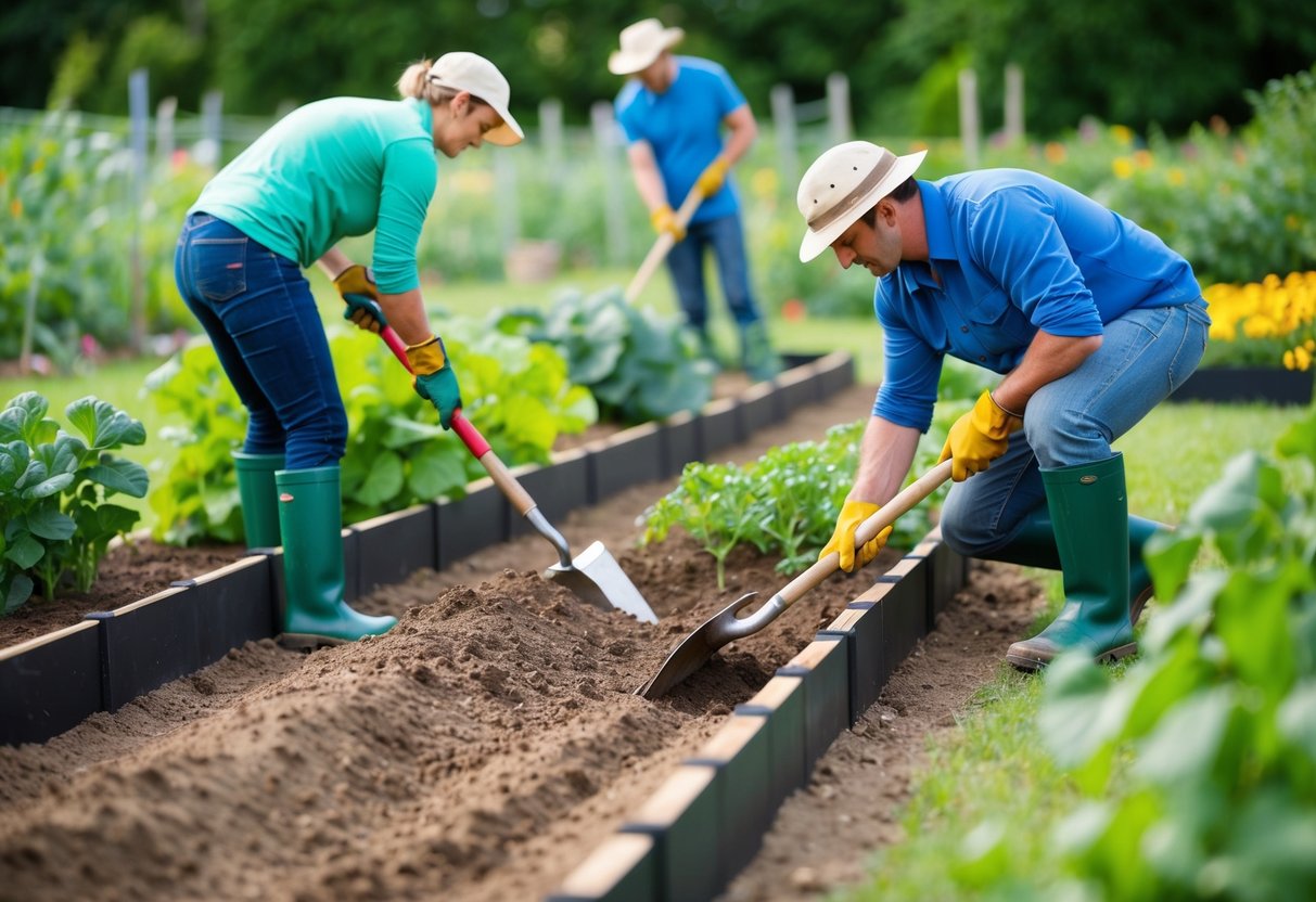 A group of gardeners prepare to dig and install garden borders, getting ready to mark out and define the boundaries of a vegetable patch