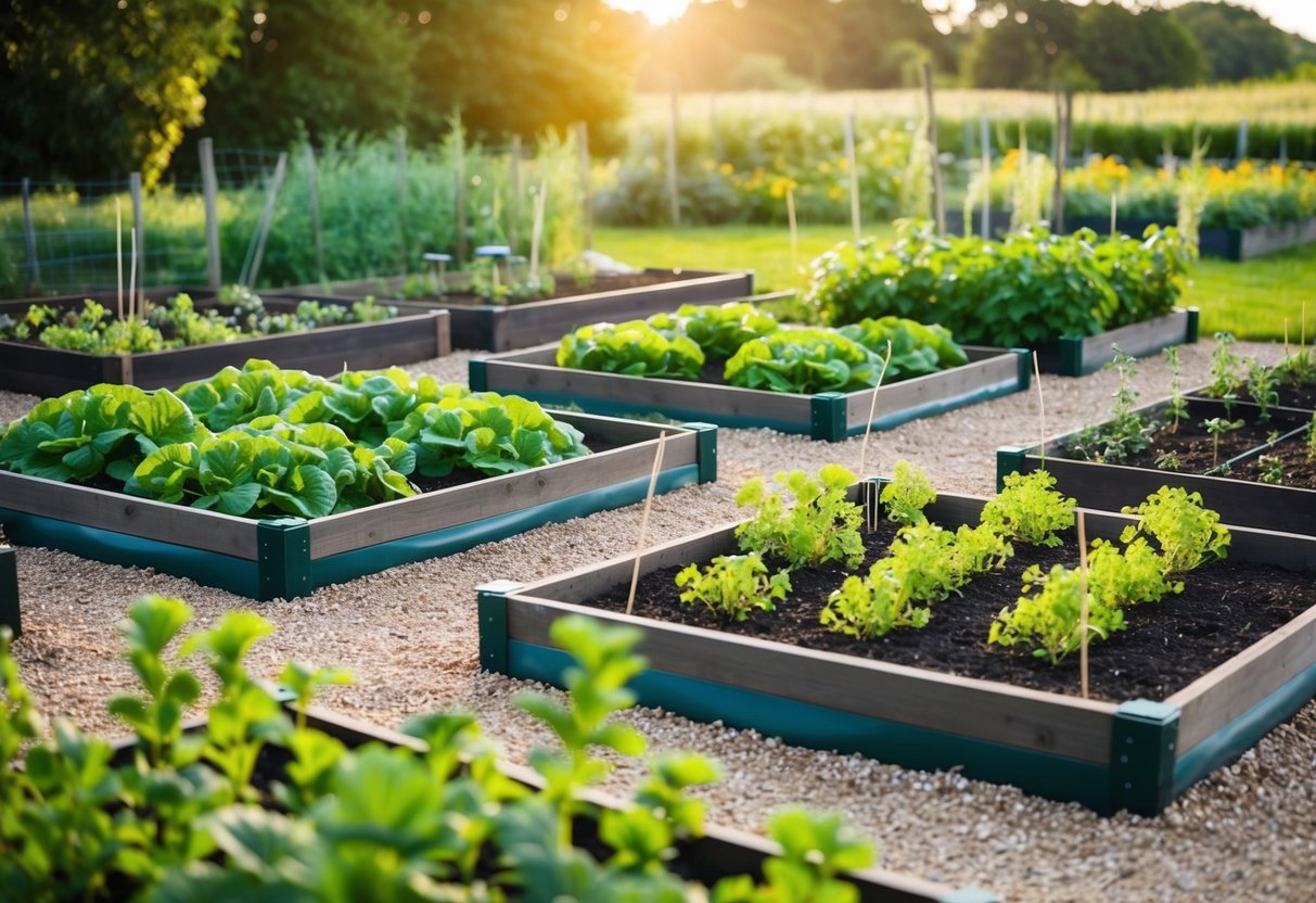 A neatly organized garden with raised beds, paths, and fencing to demarcate different crop areas