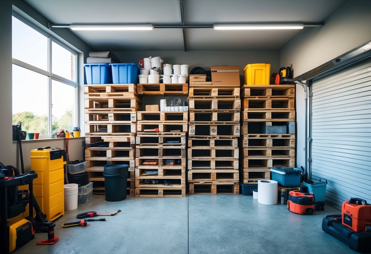 A garage made from pallets with necessary materials and tools scattered around