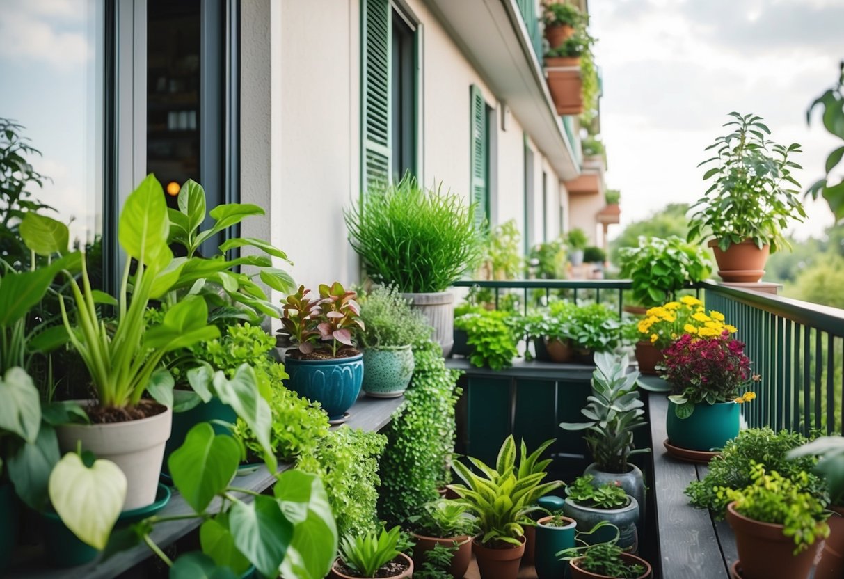 A lush balcony garden with a variety of plants arranged in a harmonious and visually appealing composition, creating a sense of wonder and delight