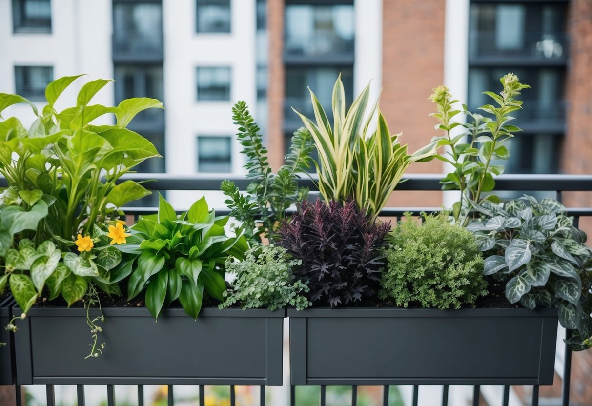 A specific selection of plants arranged in a balcony planter for shade or sun, with a variety of foliage and flowers