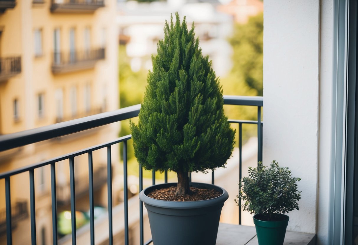 A cypress tree in a pot sits on a balcony next to a small plant