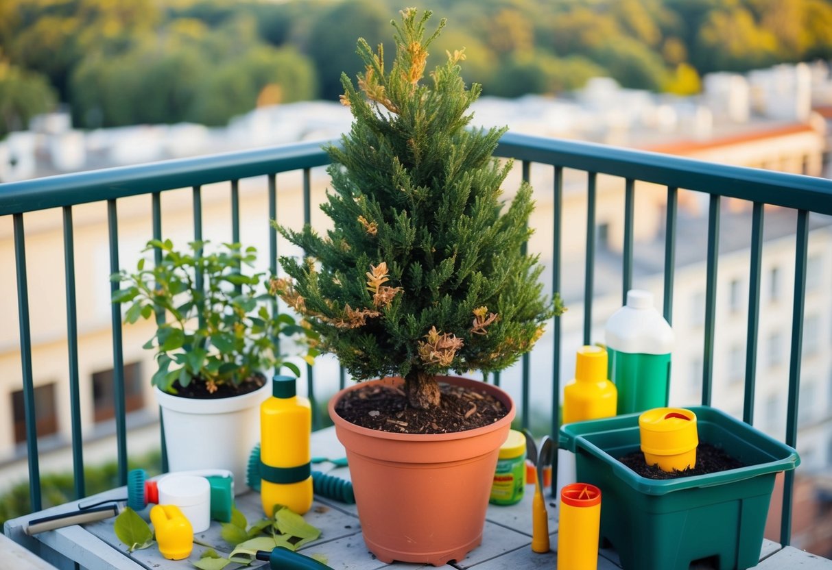 A potted cypress tree on a balcony, surrounded by various plant care products and tools. The tree shows signs of disease, with wilting leaves and discolored patches