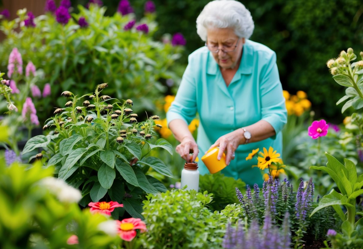 A garden scene with a variety of plants and flowers infested with aphids. A grandmother figure applying natural remedies to eliminate the pests