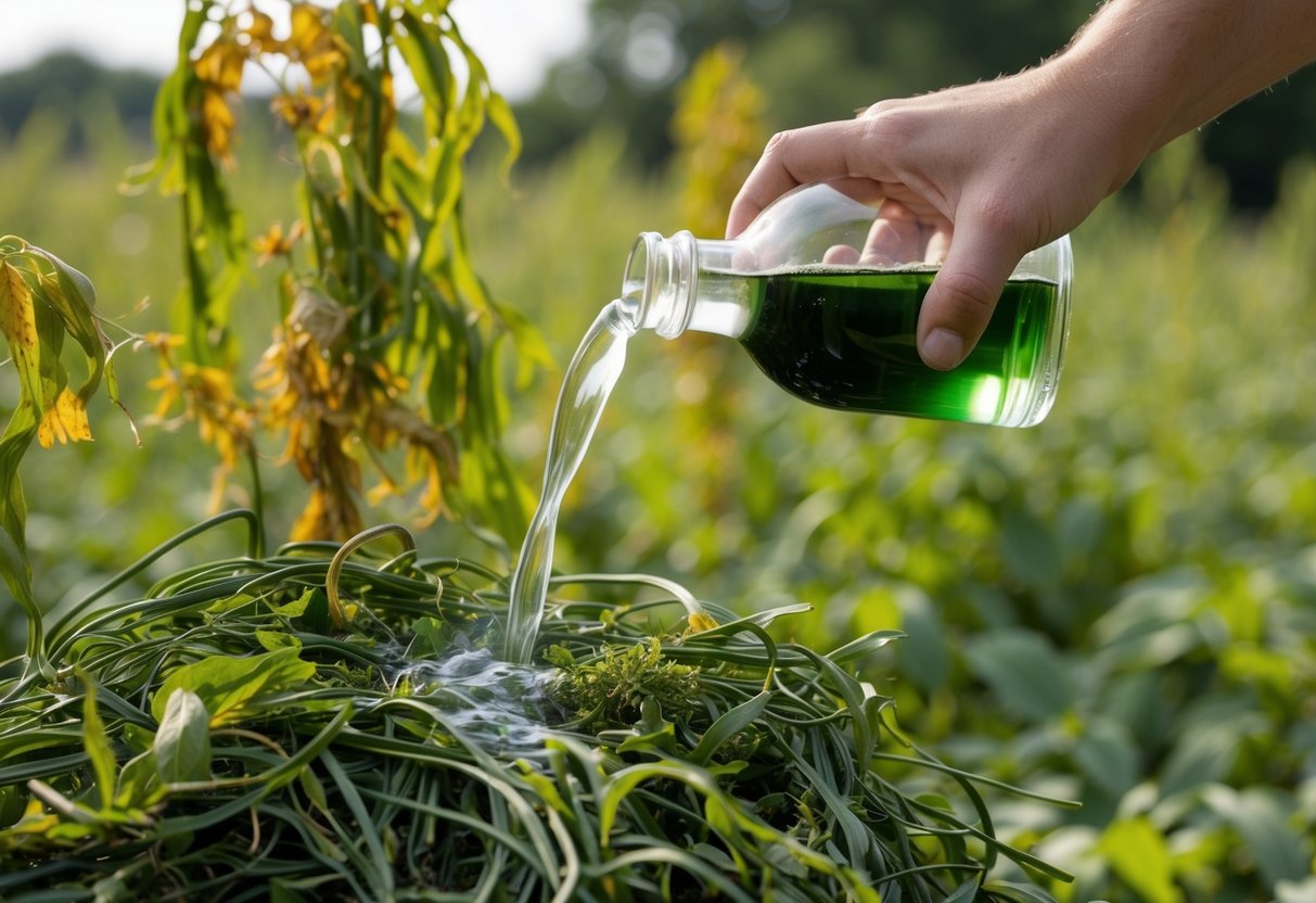 A hand pouring white vinegar onto a tangled mass of bindweed, with the plant wilting and dying in the background