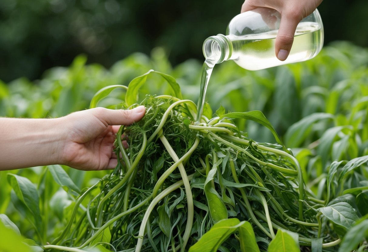 A hand pouring white vinegar on a tangled mass of bindweed, with the plant wilting and dying in response to the application