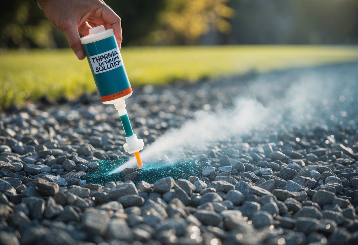 A thermal solution is applied to gravel to prevent weed growth