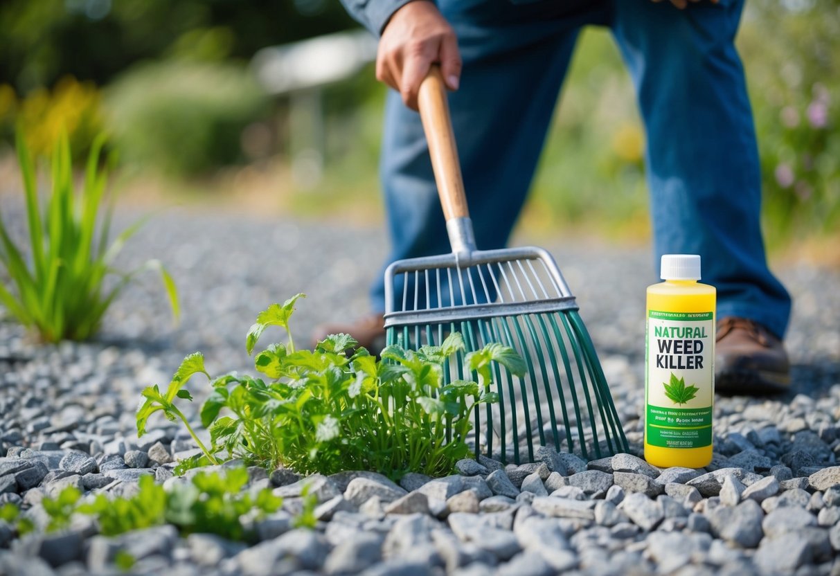 A person using a rake to remove weeds from gravel, with a bottle of natural weed killer nearby