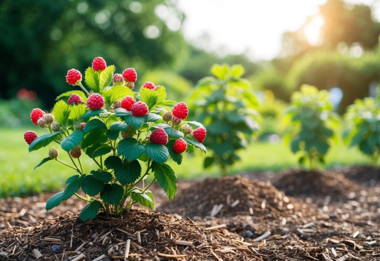 A garden scene with raspberry bushes in the foreground, surrounded by mulch and well-prepared soil