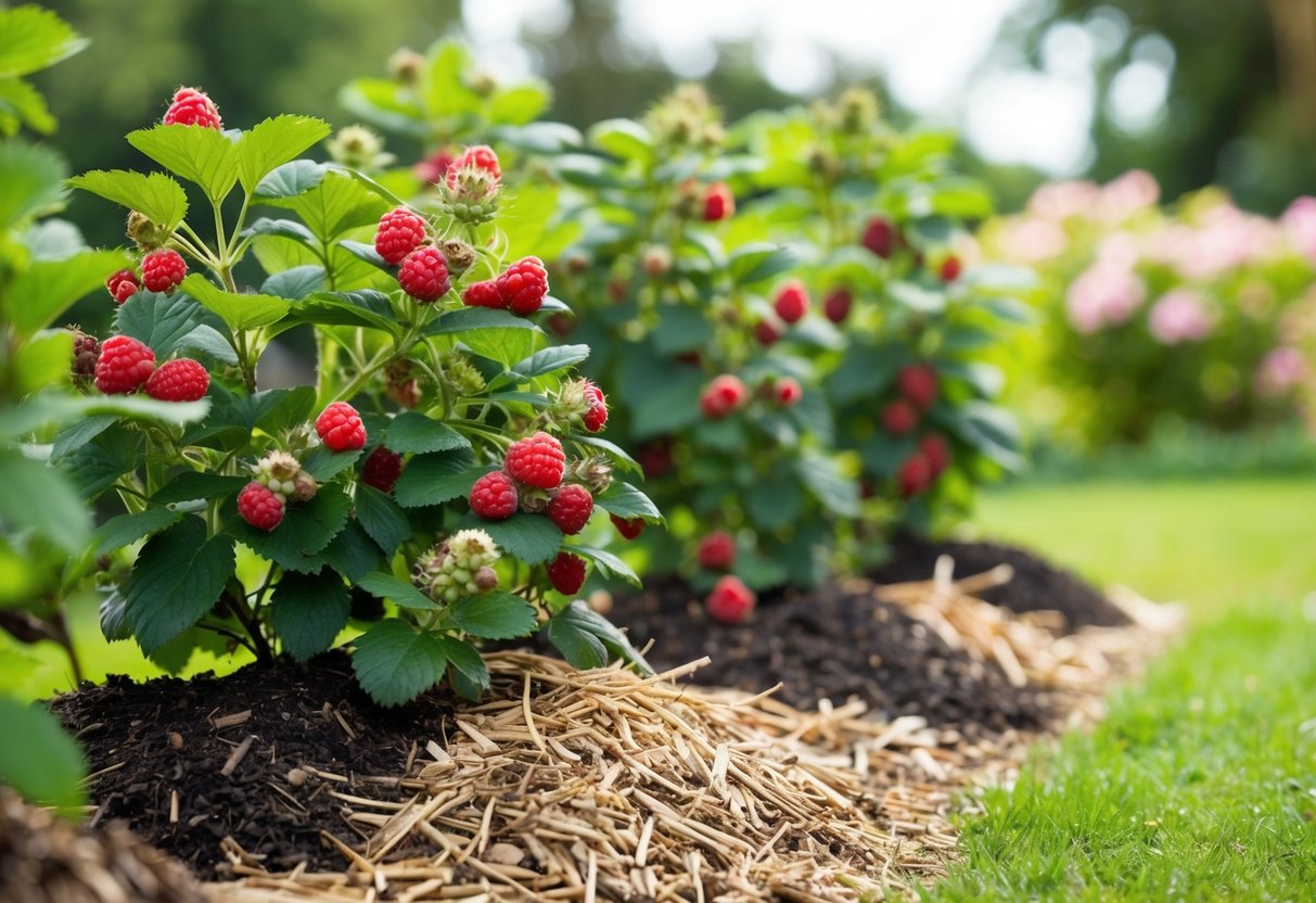 A garden scene with raspberry bushes and various items such as mulch, compost, or straw at their base