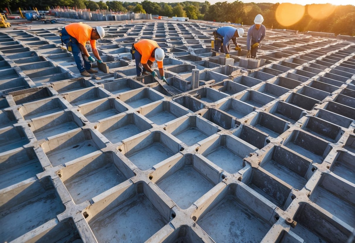 Aerial view of a construction site with workers laying down interlocking honeycomb patterned concrete slabs