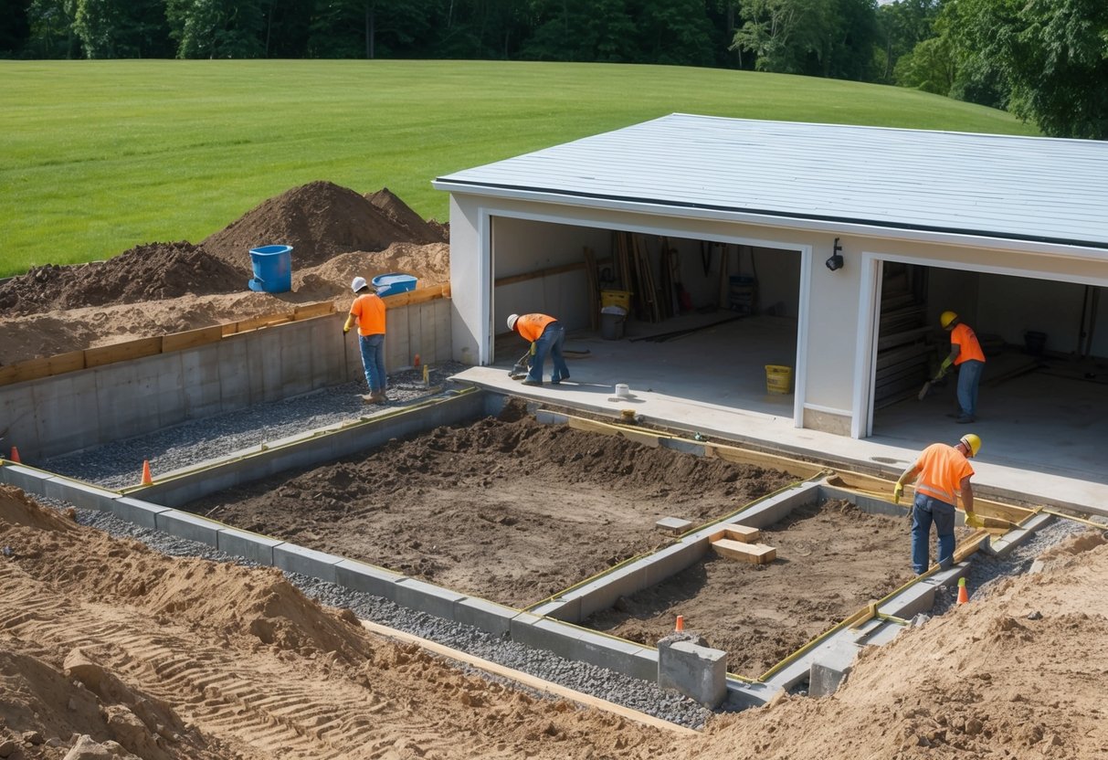 The site is being prepared for the construction of a garage foundation, with workers clearing the area and laying the initial groundwork