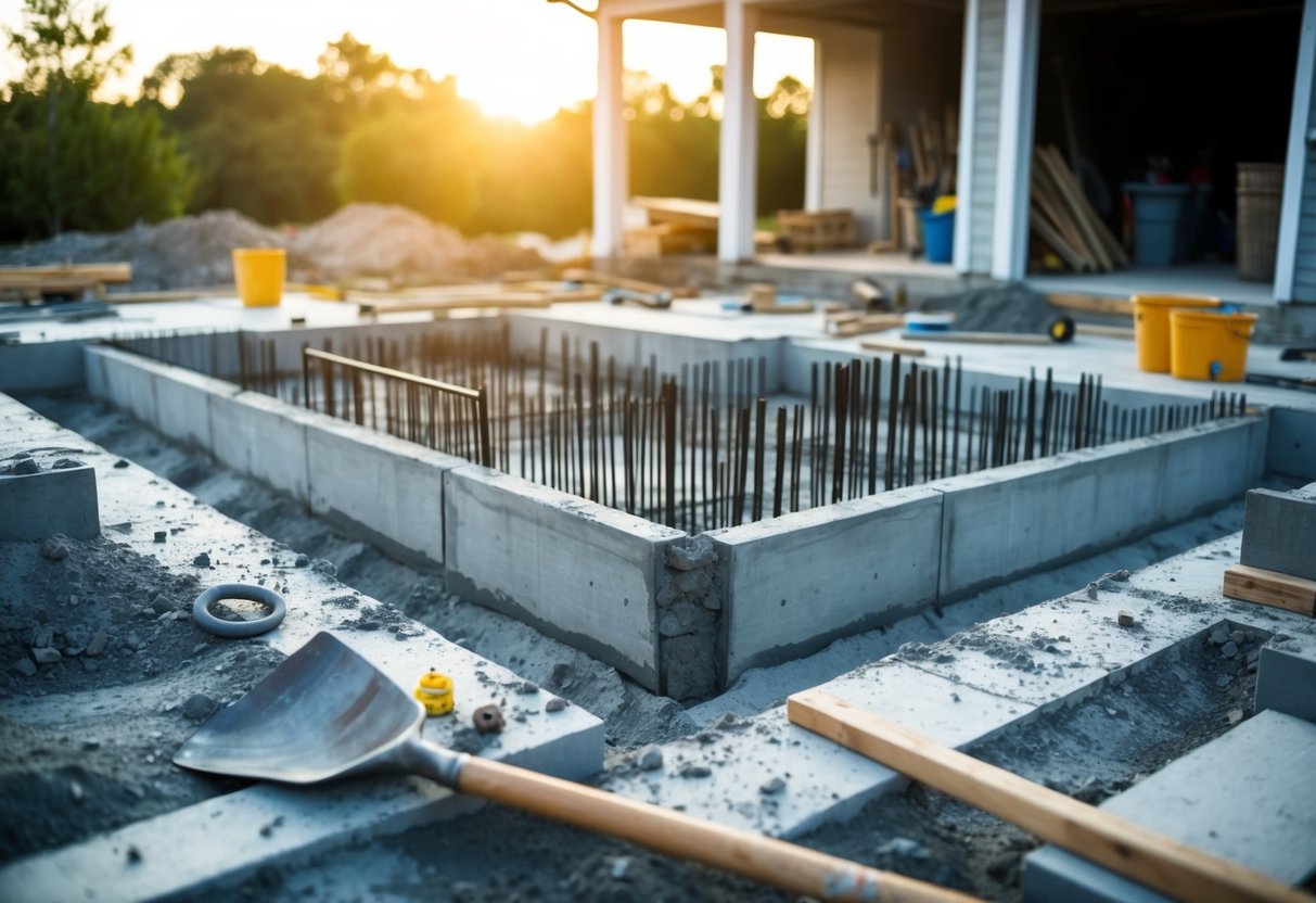 A garage foundation being constructed with materials and tools scattered around the site. Concrete, rebar, shovels, and other equipment are visible