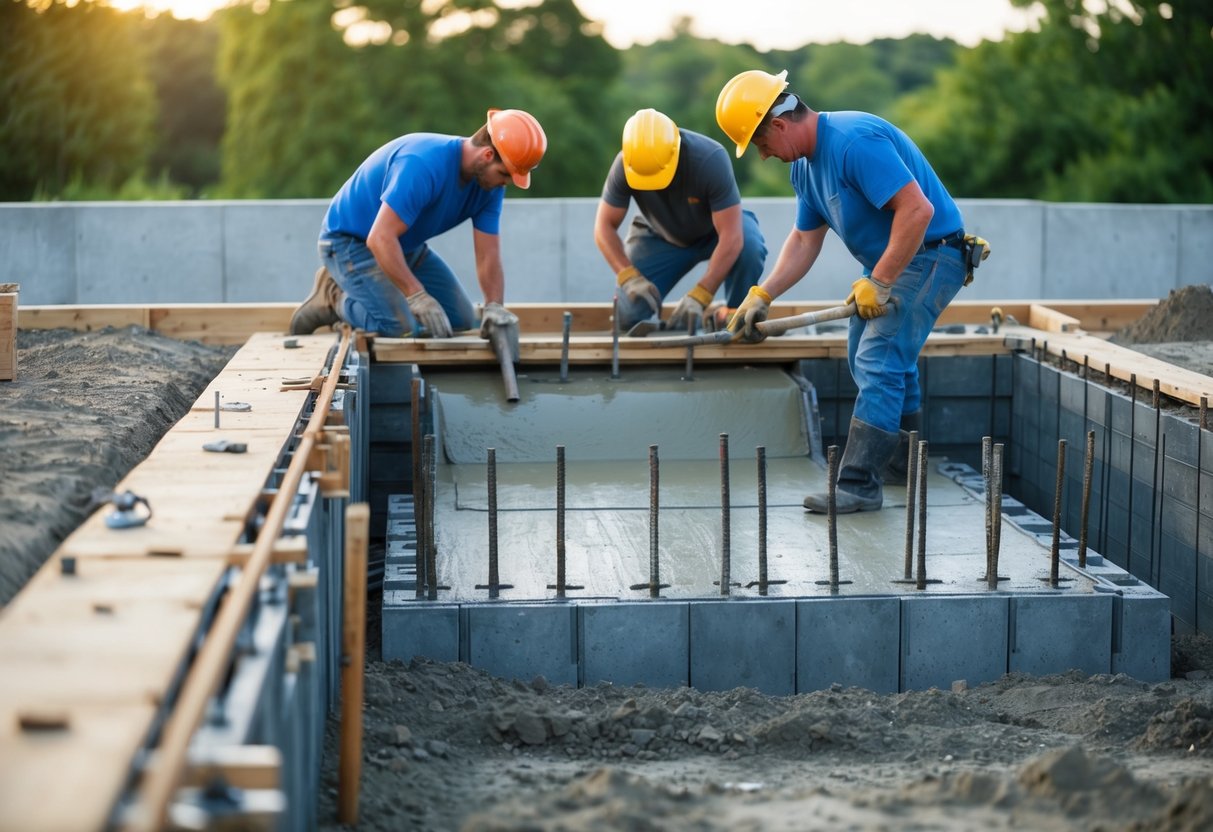 A foundation being laid for a garage, with workers pouring and leveling concrete, setting rebar, and constructing forms