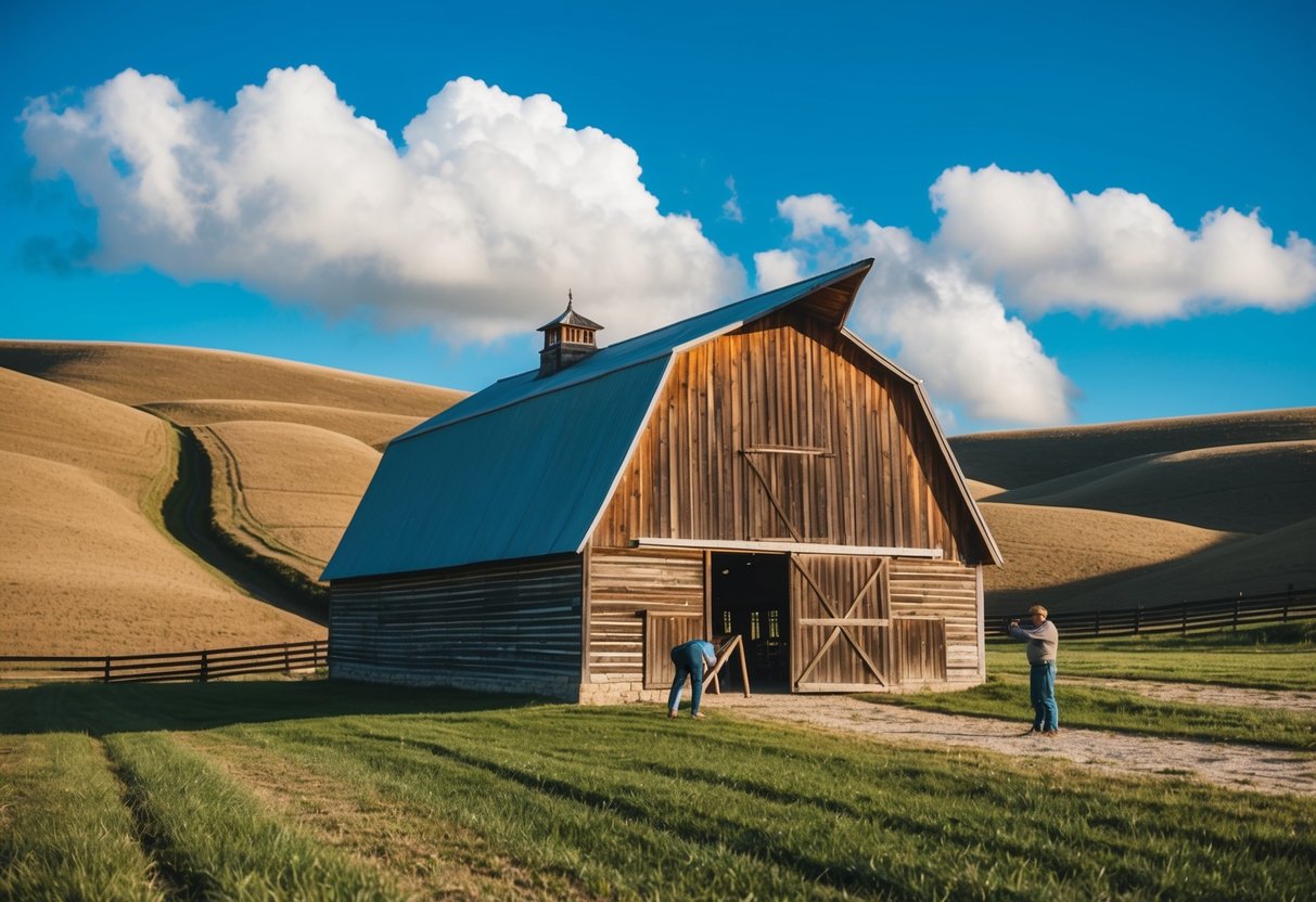 A rustic barn surrounded by rolling hills, with a blue sky and fluffy white clouds above. The barn is being carefully measured and assessed for potential renovation into a cozy living space