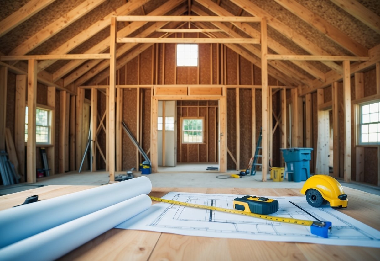 A barn being transformed into a home, with construction materials and tools scattered around. A blueprint and measuring tape lay on a table