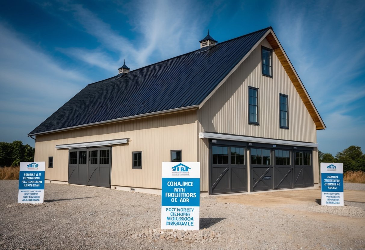 A renovated barn with a newly installed roof, windows, and doors. Surrounding the building are signs indicating compliance with building regulations and guarantees for post-construction assistance