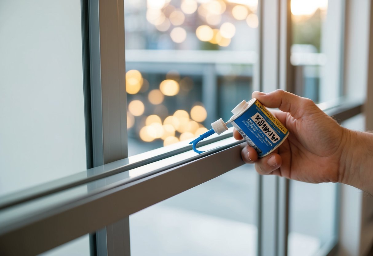 A hand applying lubricant to a sliding door rail, ensuring smooth operation without any hitches