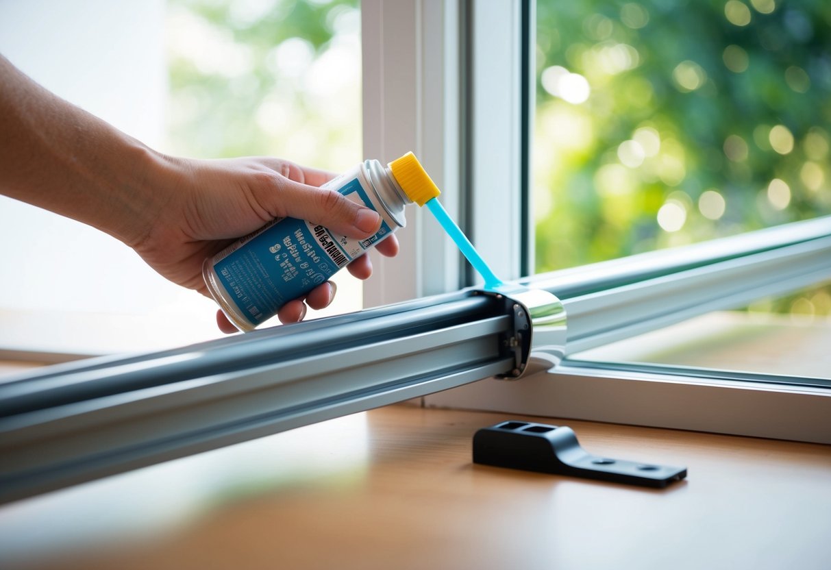 A hand applying lubricant to a sliding glass door rail, with a replacement rail nearby