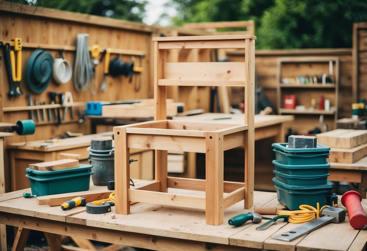 A wooden garden furniture workshop with tools and materials