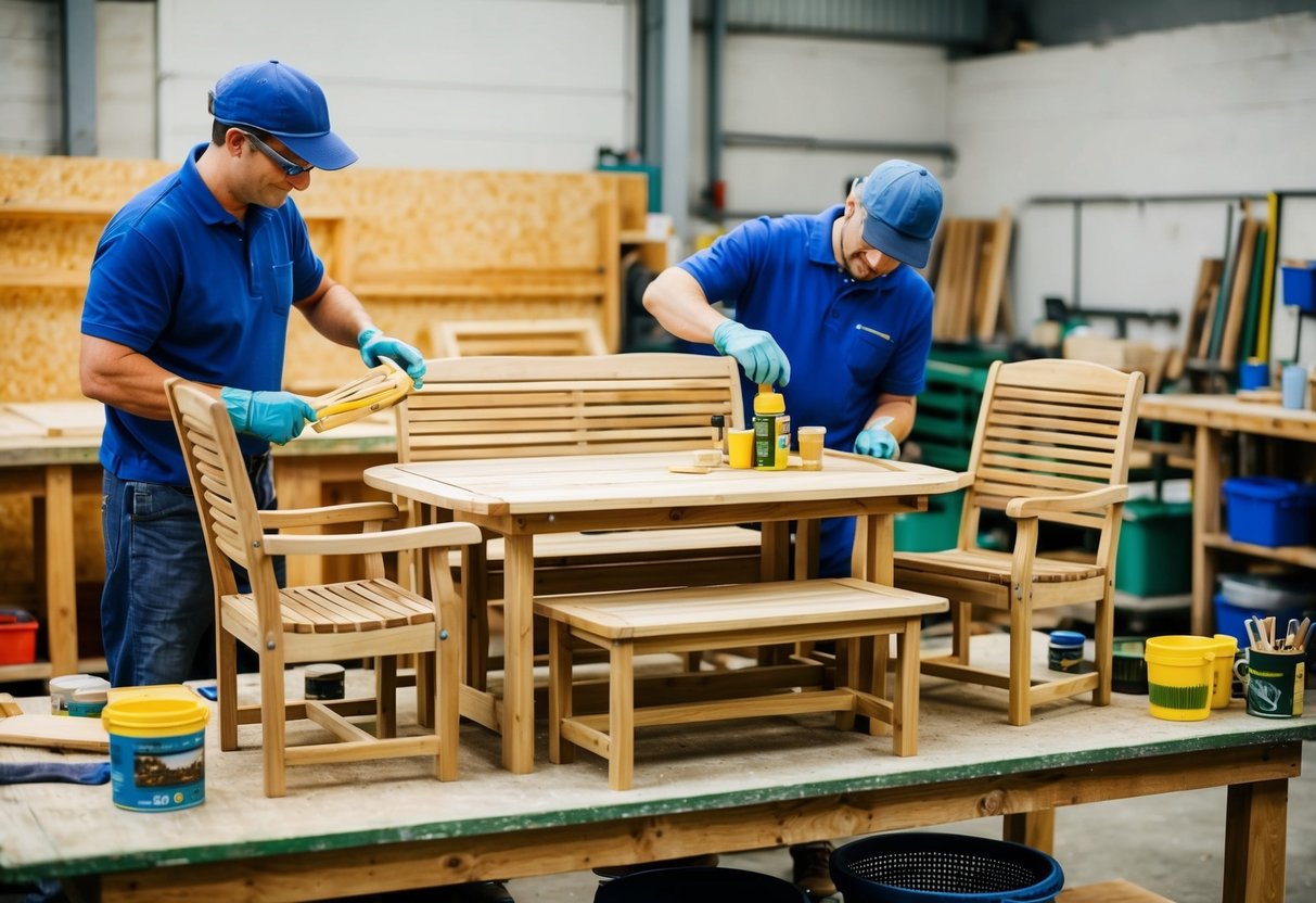 A wooden garden furniture set being carefully crafted and perfected in a workshop for protection and enhancement