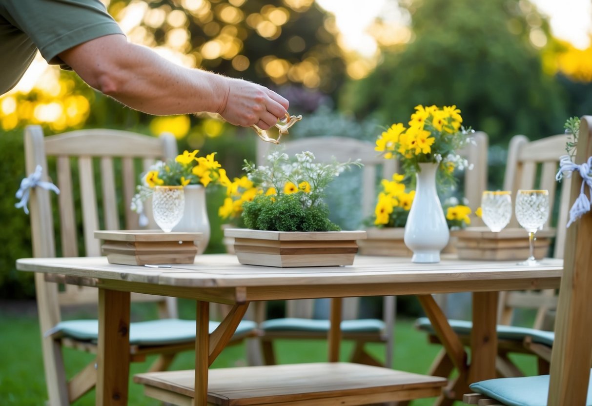 A wooden garden furniture set being adorned with the final decorative touches