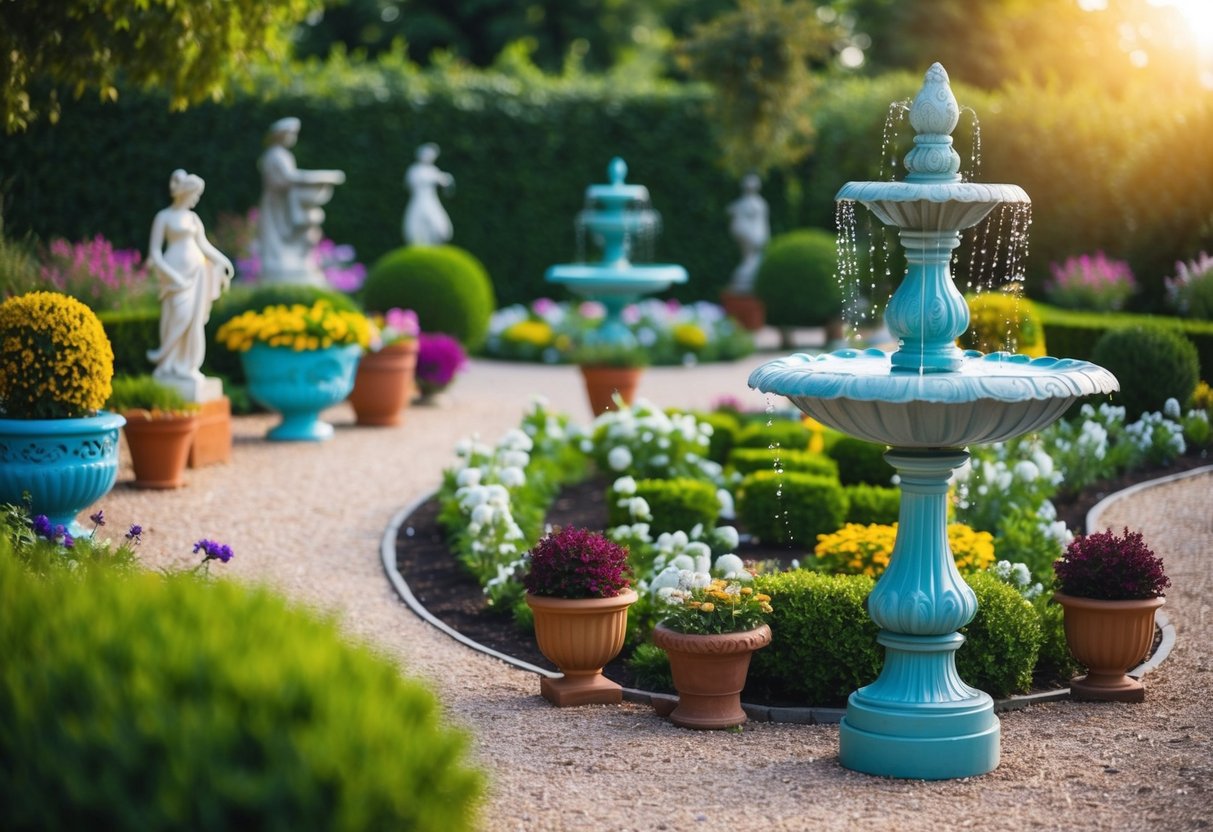 A garden scene with decorative elements and accessories such as ornate statues, colorful planters, elegant fountains, and winding pathways