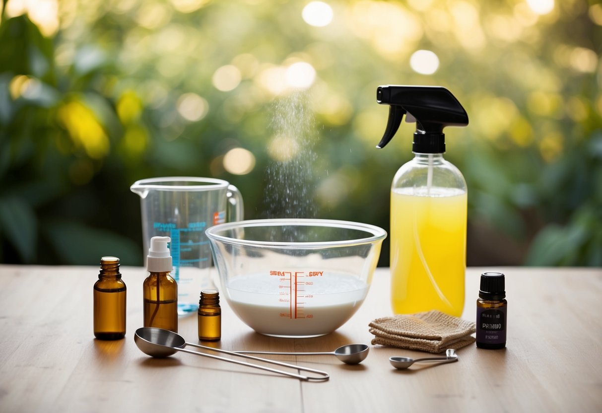 A table with various ingredients and tools for making a homemade misting spray. A mixing bowl, measuring spoons, essential oils, and a spray bottle are arranged neatly