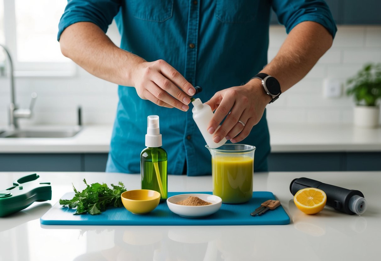 A person assembling a homemade misting spray with various tools and ingredients on a clean, well-lit work surface