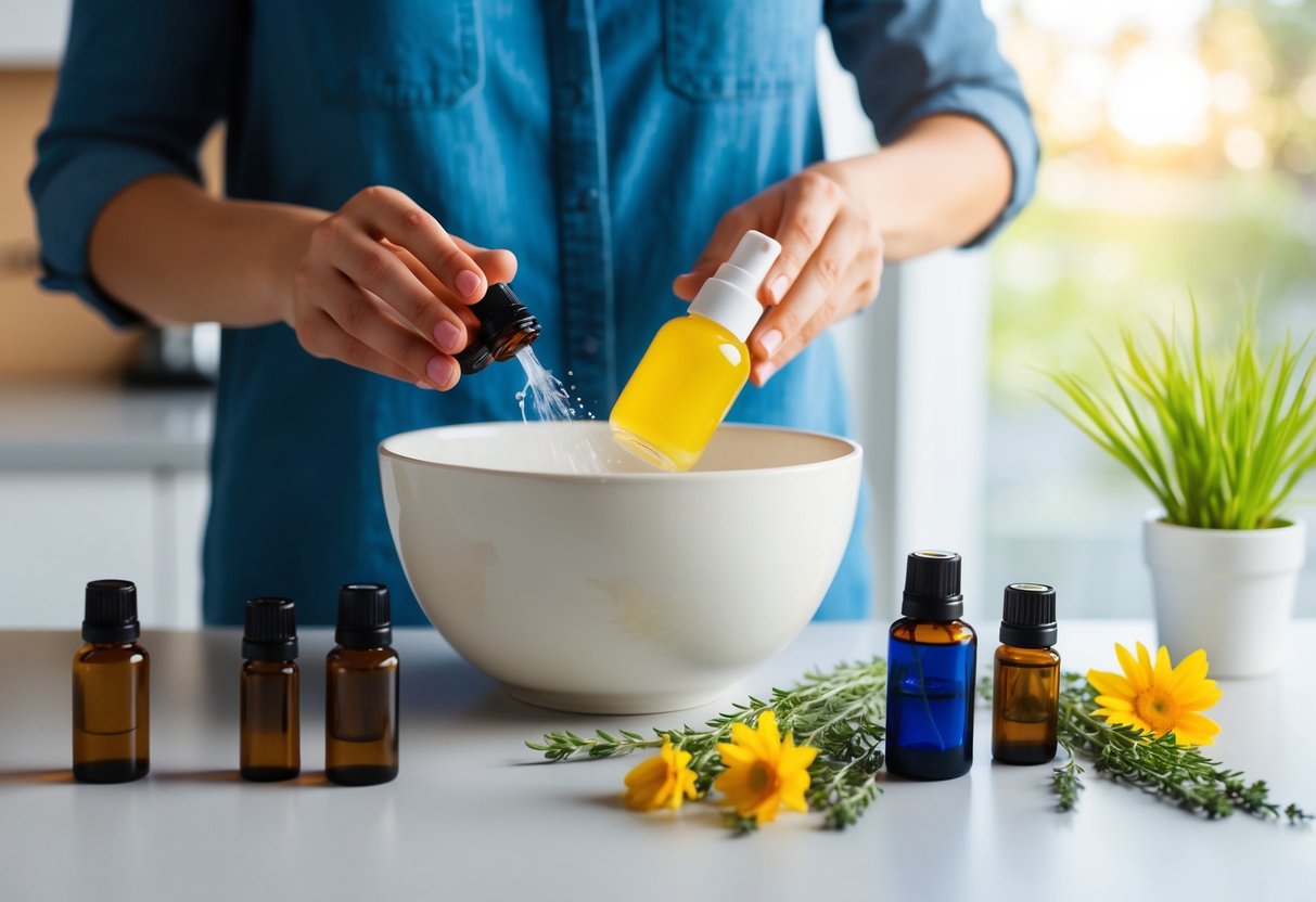 A person mixing ingredients in a bowl to create a homemade spray bottle. Various essential oils and a small bottle are arranged on a table