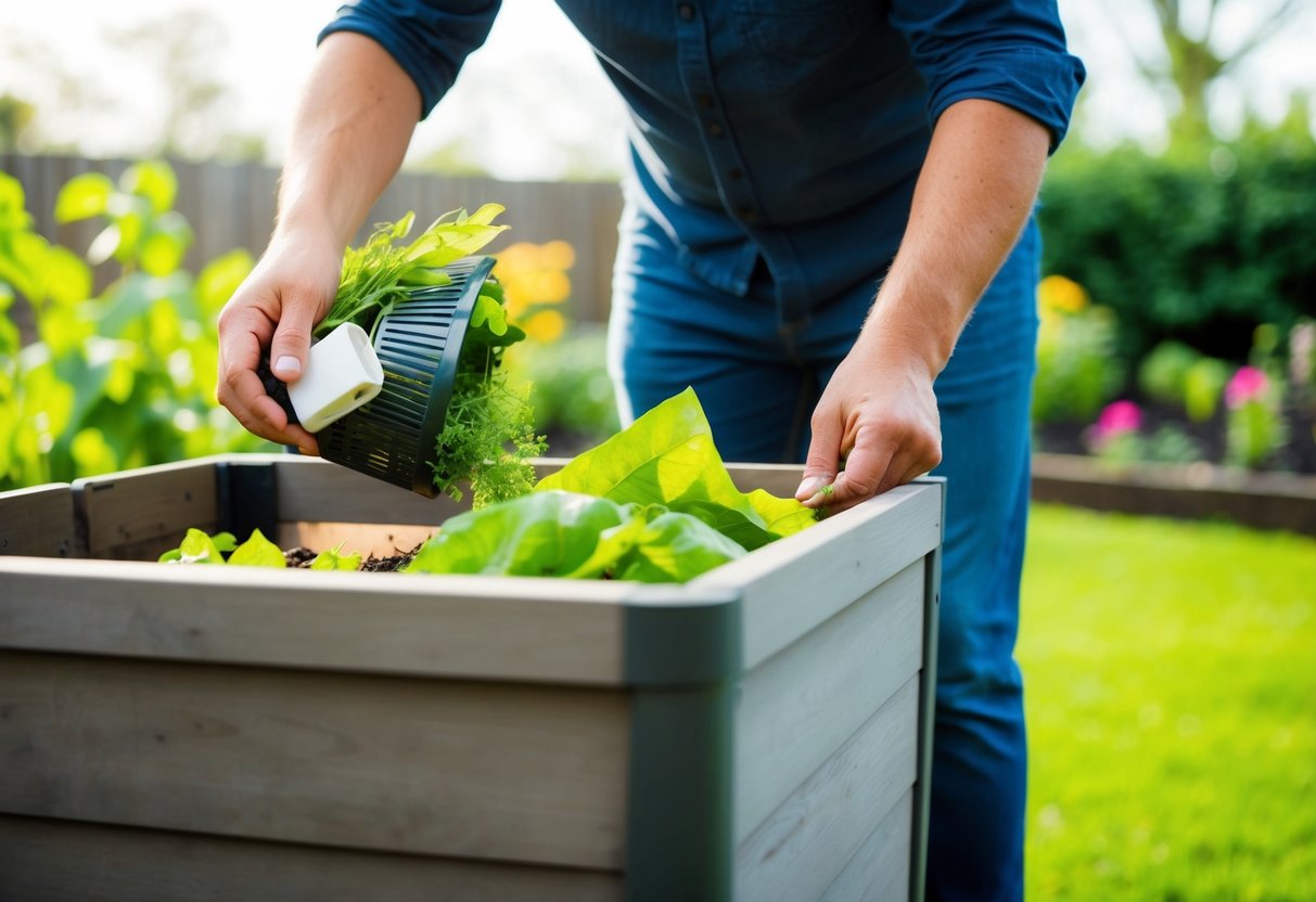 A person placing organic waste into a compost bin made of wood or plastic, with a garden in the background