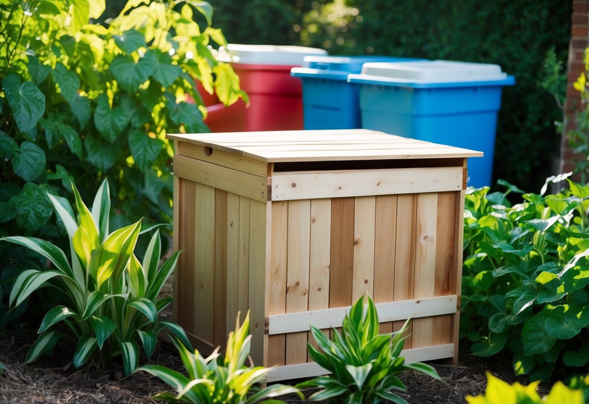 A wooden compost bin surrounded by lush green plants, with plastic bins in the background