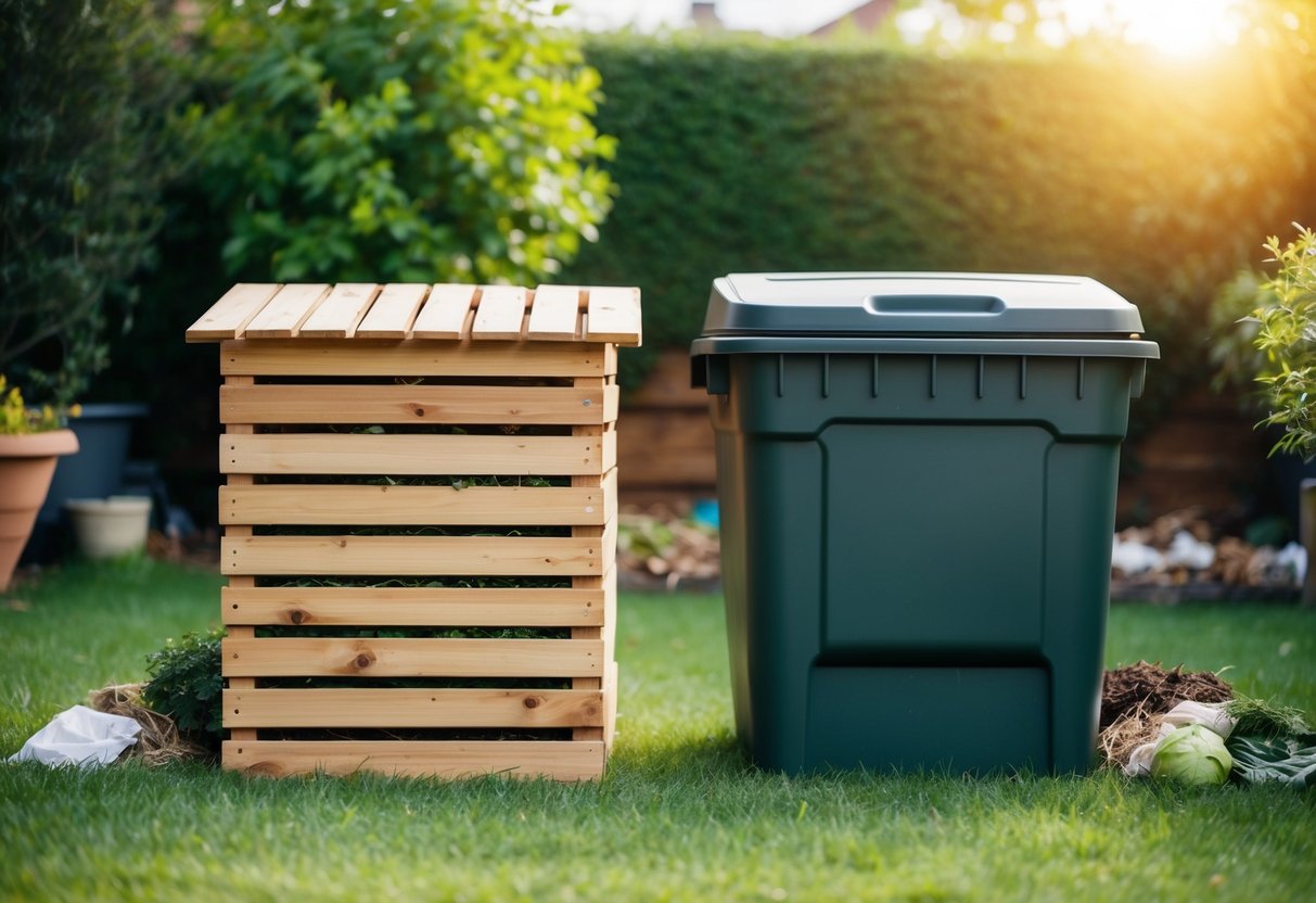 A wooden and a plastic compost bin sit side by side in a backyard. The wooden bin has a natural, rustic look, while the plastic bin is sleek and modern. Both are surrounded by a variety of organic waste materials