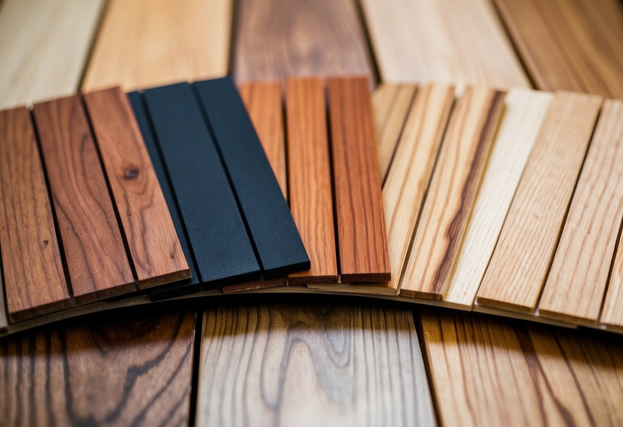 A selection of wood samples for a deck, with a color palette featuring various shades of natural wood tones