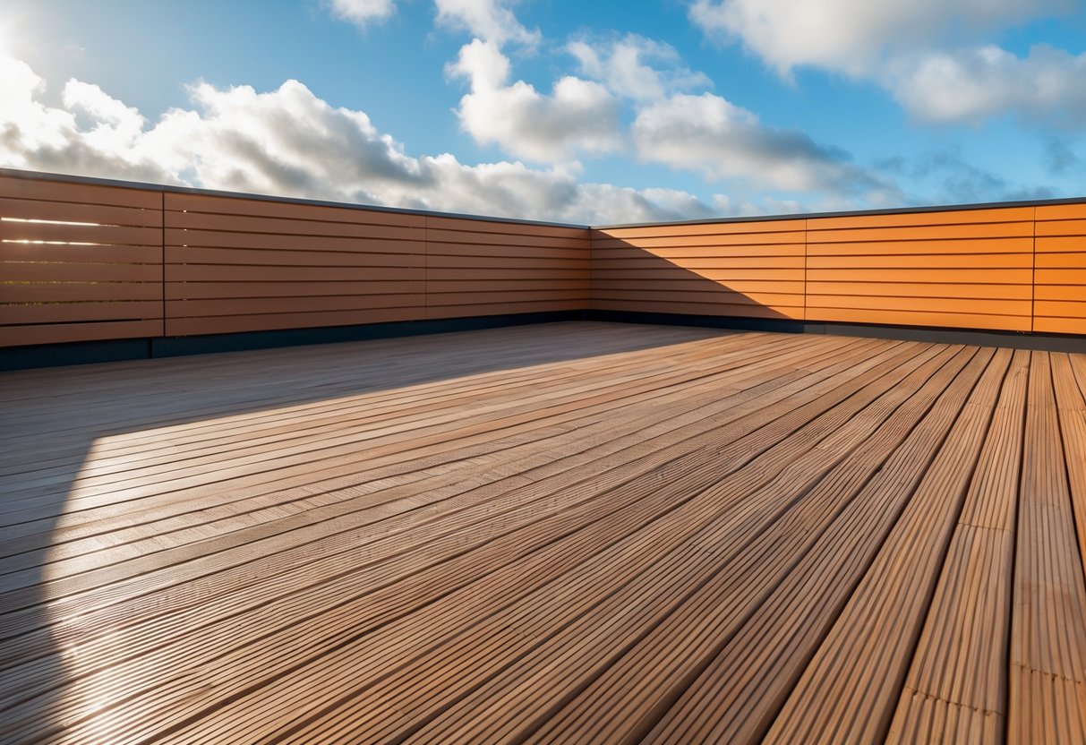 A wooden terrace with a sleek and modern aesthetic, featuring a warm and inviting color scheme. The finish is both visually appealing and practical for outdoor use