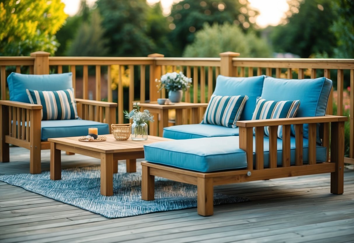 A wooden terrace with matching furniture and accessories, optimized for outdoor space