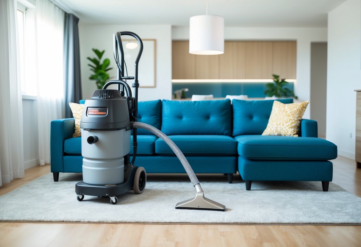 A modern home living room with a sofa and a professional-grade carpet and upholstery shampooer in the center. Bright and clean environment