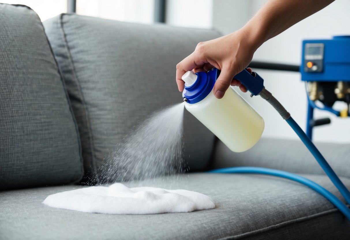 A hand holding a spray bottle, spraying foam onto a sofa, with an injector extractor machine nearby