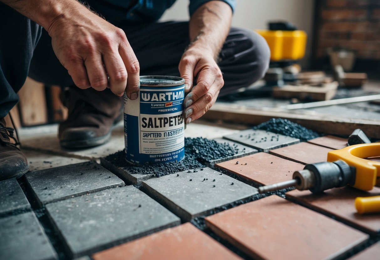 Saltpeter being applied to tile joints, tools and materials scattered around