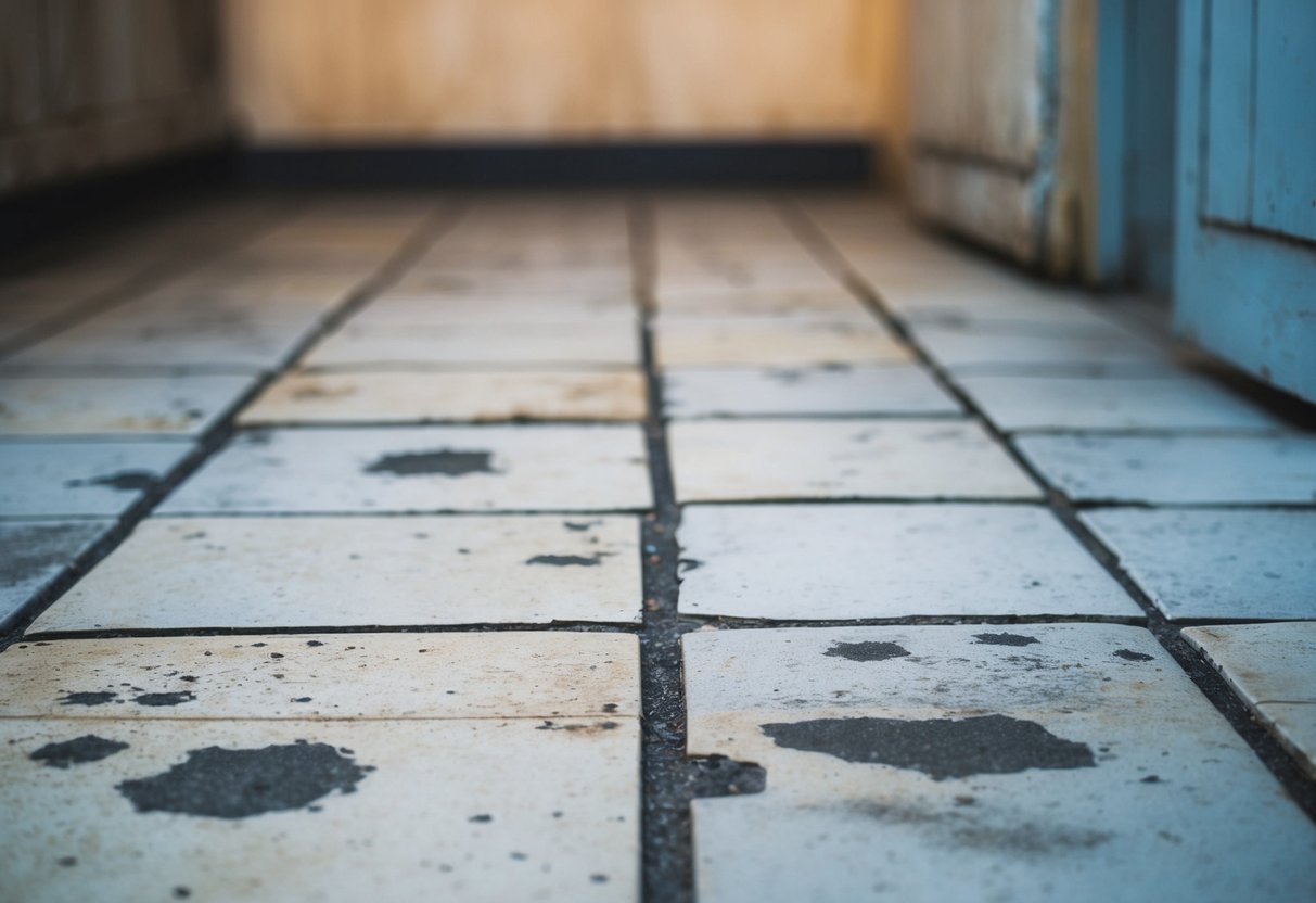 A tiled floor with visible signs of deterioration and discoloration due to the effects of saltpetre