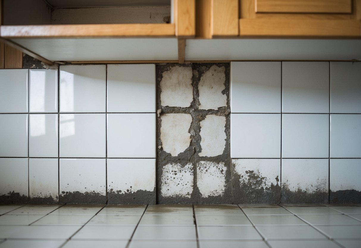 A bathroom and kitchen with deteriorating saltpetre-infested tile joints. Mold and decay are visible in the grout lines and corners