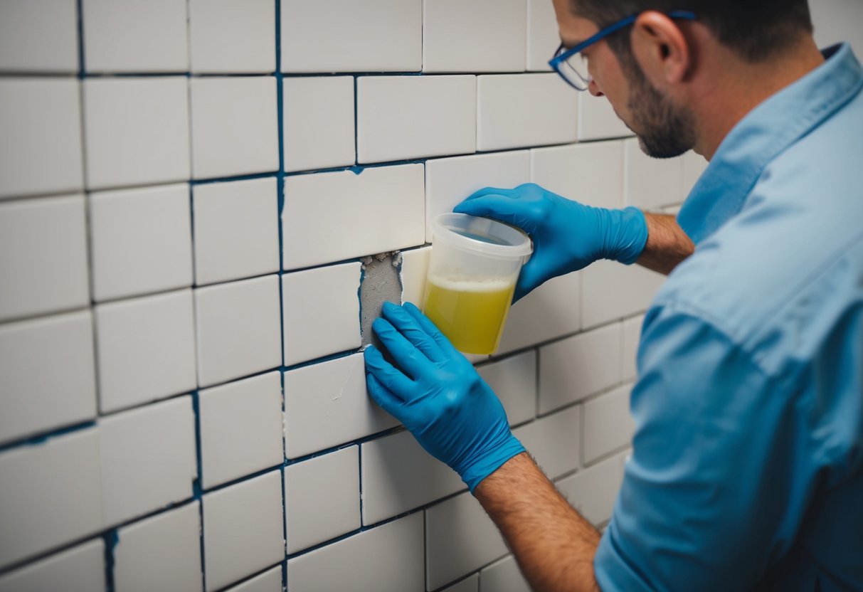 A professional is repairing a tiled wall with a solution to remove saltpeter from the joints