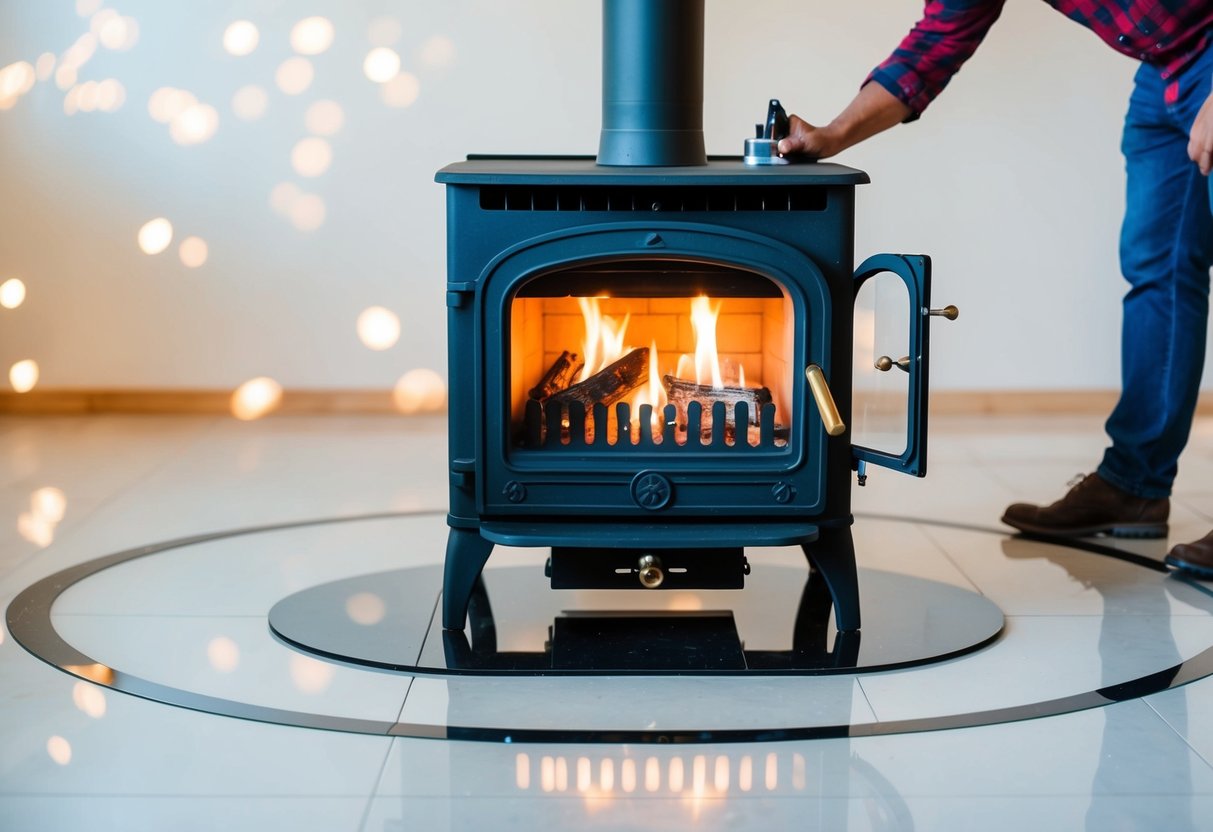 A wood stove surrounded by a clear space, with a person maintaining and taking daily precautions