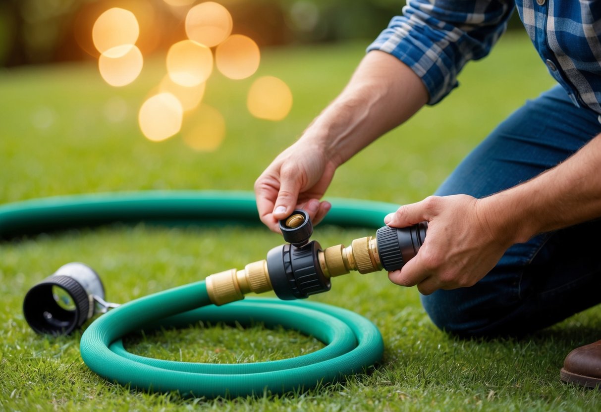 A person selects and uses compatible accessories to repair an extendable garden hose