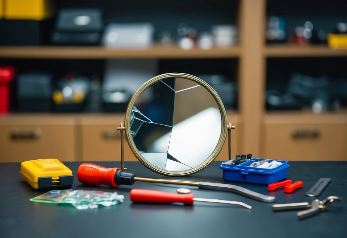 A cracked mirror with a repair kit and tools scattered on a table