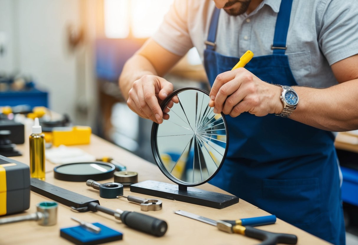 A cracked mirror is carefully handled and repaired with precision tools and materials in a well-lit workshop